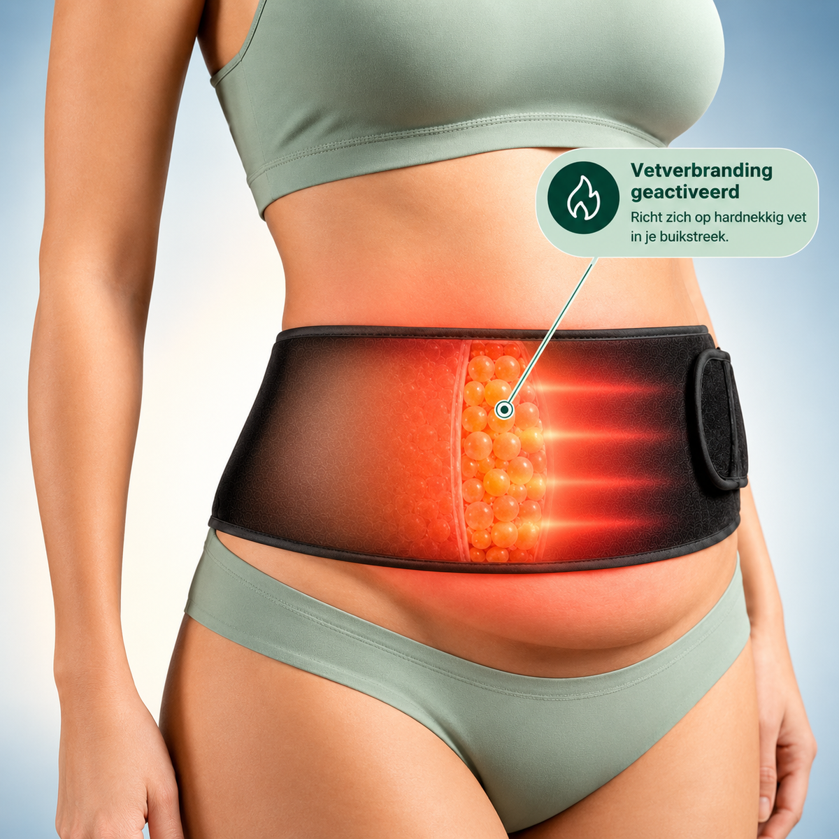 Vrouw in groene sportkleding draagt de CalmBelt infraroodband rond haar buik, met een illustratie van warmte