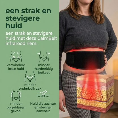 Vrouw in grijze trui draagt de CalmBelt infraroodband rond haar middel, met iconen en een doorsnede van de huid